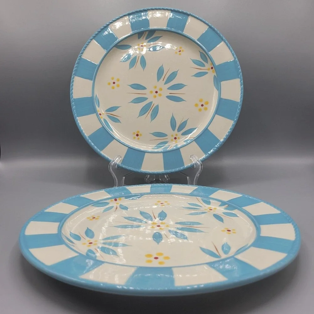 Temptations Old World Dinner Plates Set Of 2 Light Blue Yellow Floral 10.5